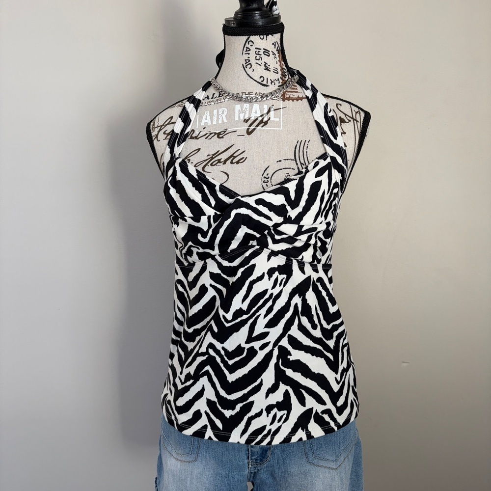 Y2K catalina zebra print halter swim top tankini